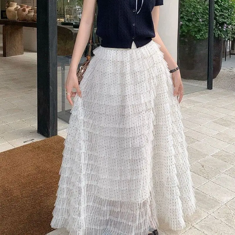 Spring 2026 New Korean Style Fashionable Polka Dot Color Block A-Line Mesh Cake Half-Length Skirt Women's Elegant Dress