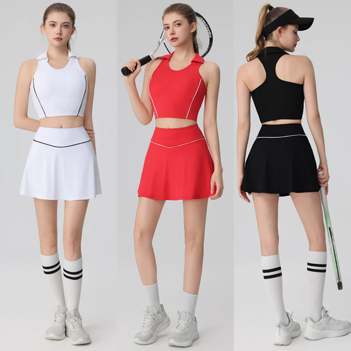 

2 Pieces Set Solid Color Tennis Skirt Short Sports Suit Breathable Quick Dry Women Yoga Gym Sportswear Golf Badminton Workout