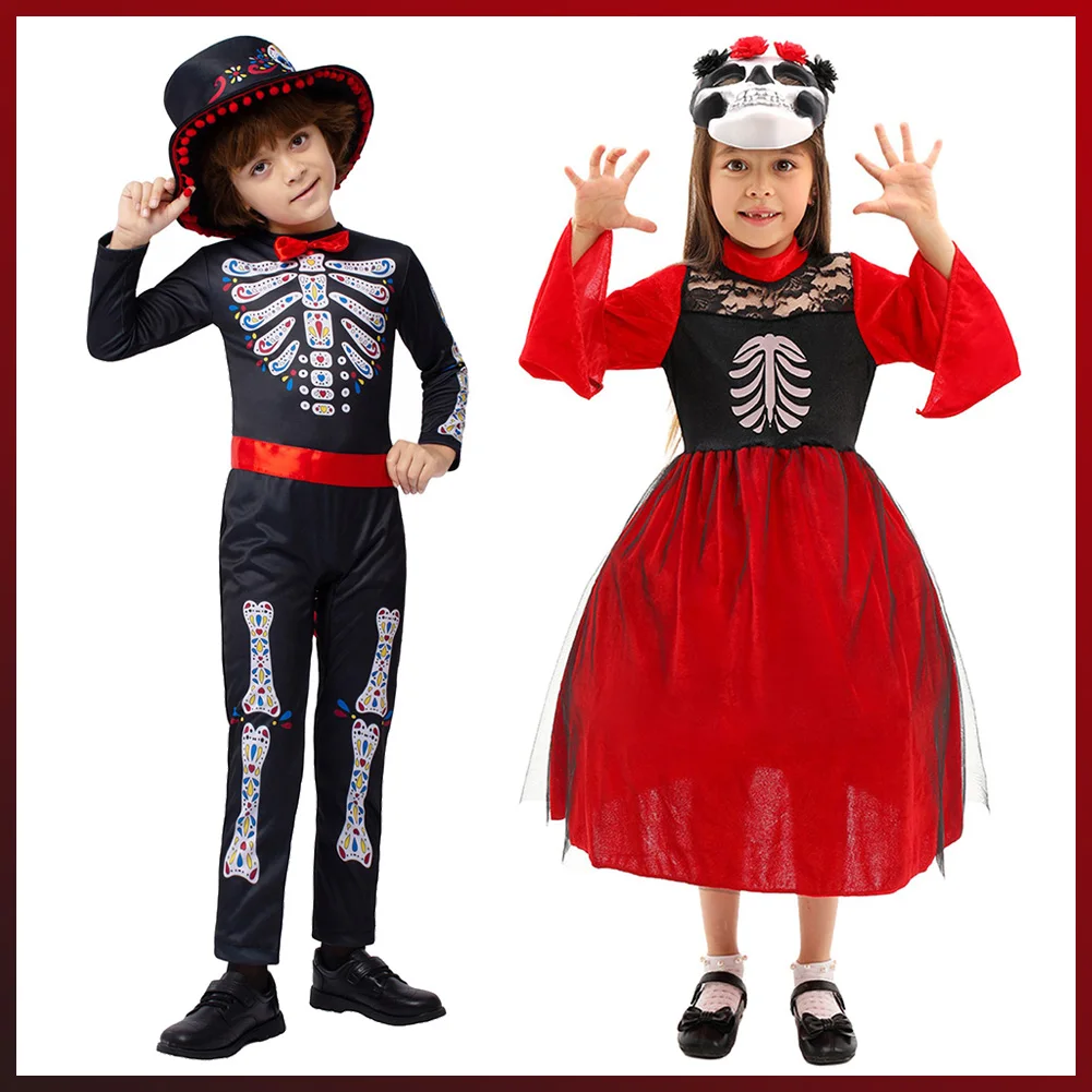 Vermomming Schedel Spook Cosplay Kind Jongens Meisjes Kledingdag Van De Dood Enge Kostuum Kid Rolleplay Fancy Dress Up Party Doek