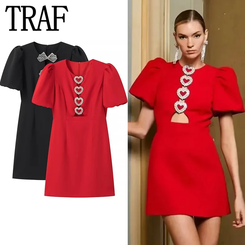 TRAF 2024 Red Black Mini Dress Woman Rhinestone Cut Out Short Dresses For Women Summer Short Puff Sleeve Elegant Party Dresses