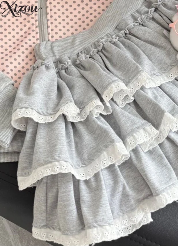2026 Y2K Harajuku Polka Dot Patchwork Zip-Up Jacket Ruffled Skirt Set Women Sweet Casual Two-Piece Outfit Coat Korea Autumn