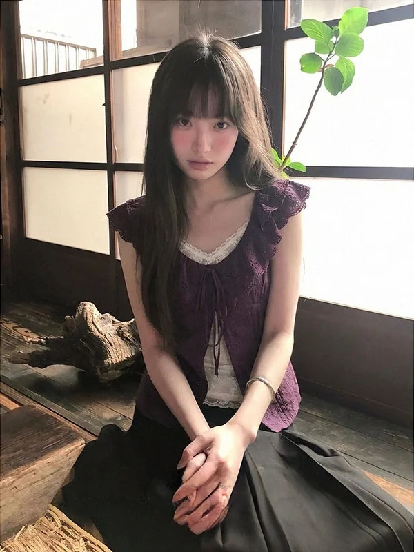 Women's Slim Fit Short Sleeve Shirt Purple Blouse Ruffle Hem Korean Style Regular Fabric Anti-Wrinkle Korean Spring Summer
