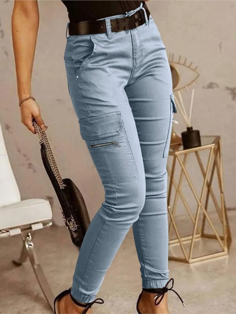 Moda mulher calças de trabalho primavera outono casual multi-bolso apertado pé calças de cintura baixa botão cor sólida leggings femininas
