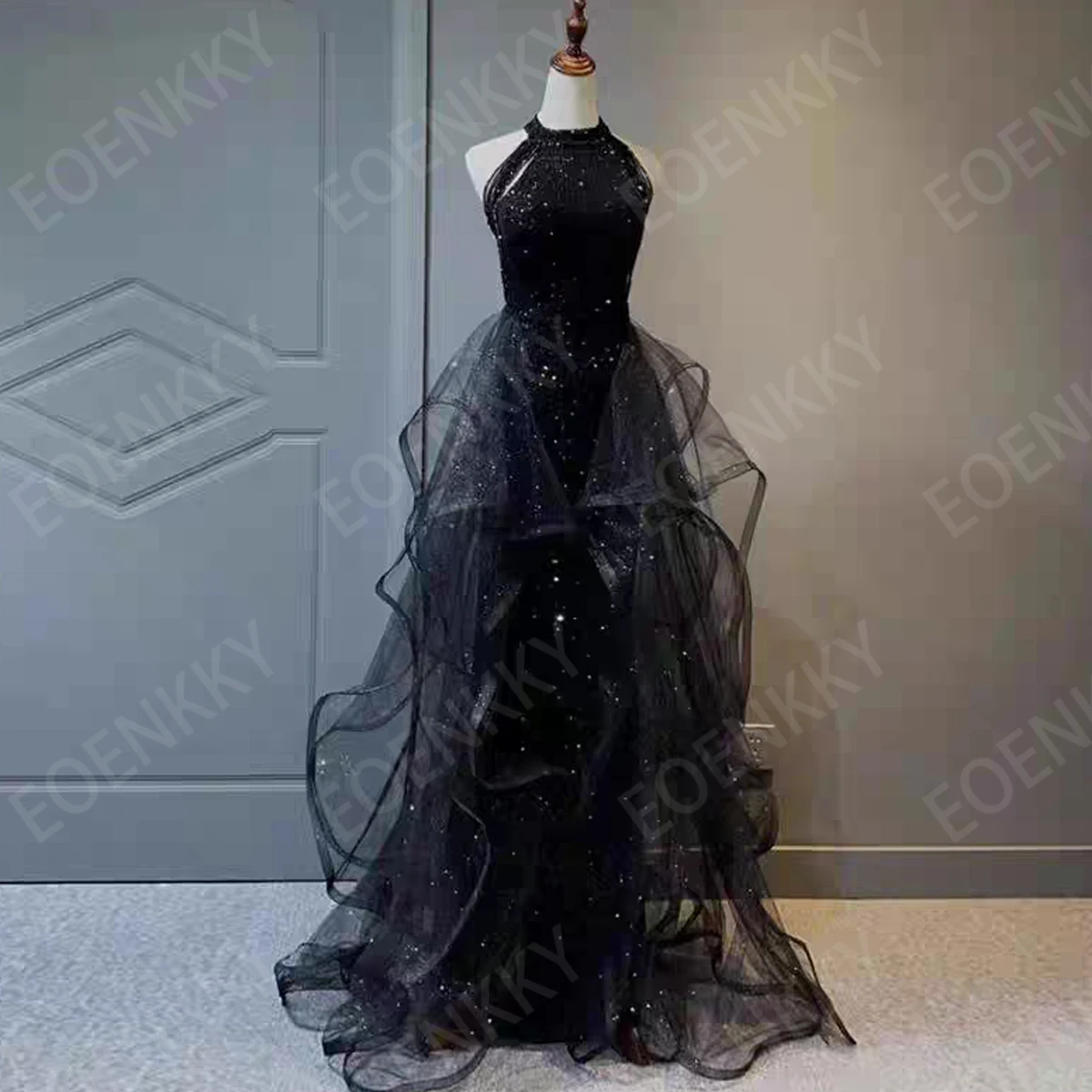 

EOENKKY Gorgeous Sleeveless Evening Dresses Floor Length Off the Shoulder Sparkly Sequin Prom Dress A Line Black 2026 Customized