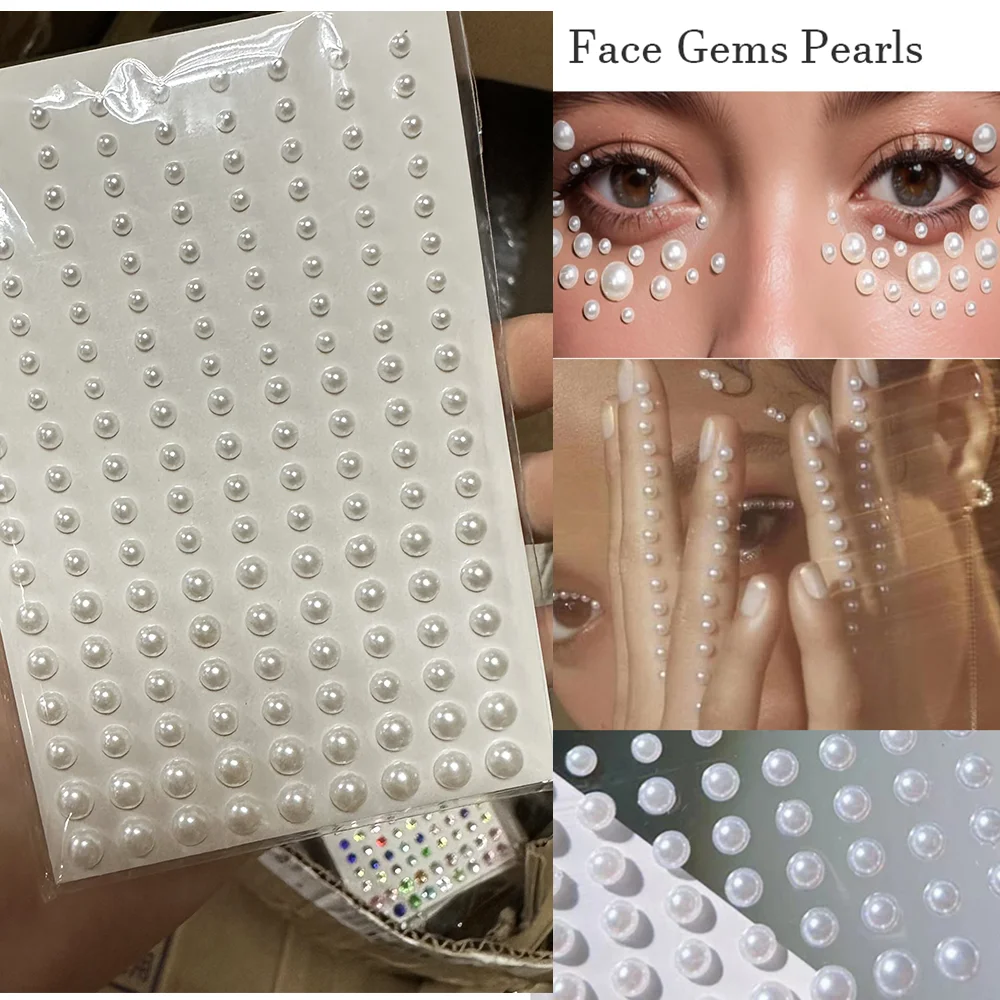 162pcs White Pearl Face Jewelry Stickers Self-Adhesive Pearl Eyeshadow Crystals Decals Decoration DIY Glitter Face Jewels Slider