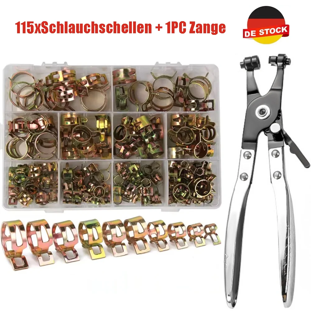 115 pièces Clips à ressort pour voiture et camion, Clip de tuyau d'eau et d'huile de carburant, fixation de collier de serrage avec 1 pièce, jeu de pinces de serrage pour tuyau, 6-22mm, 15 tailles