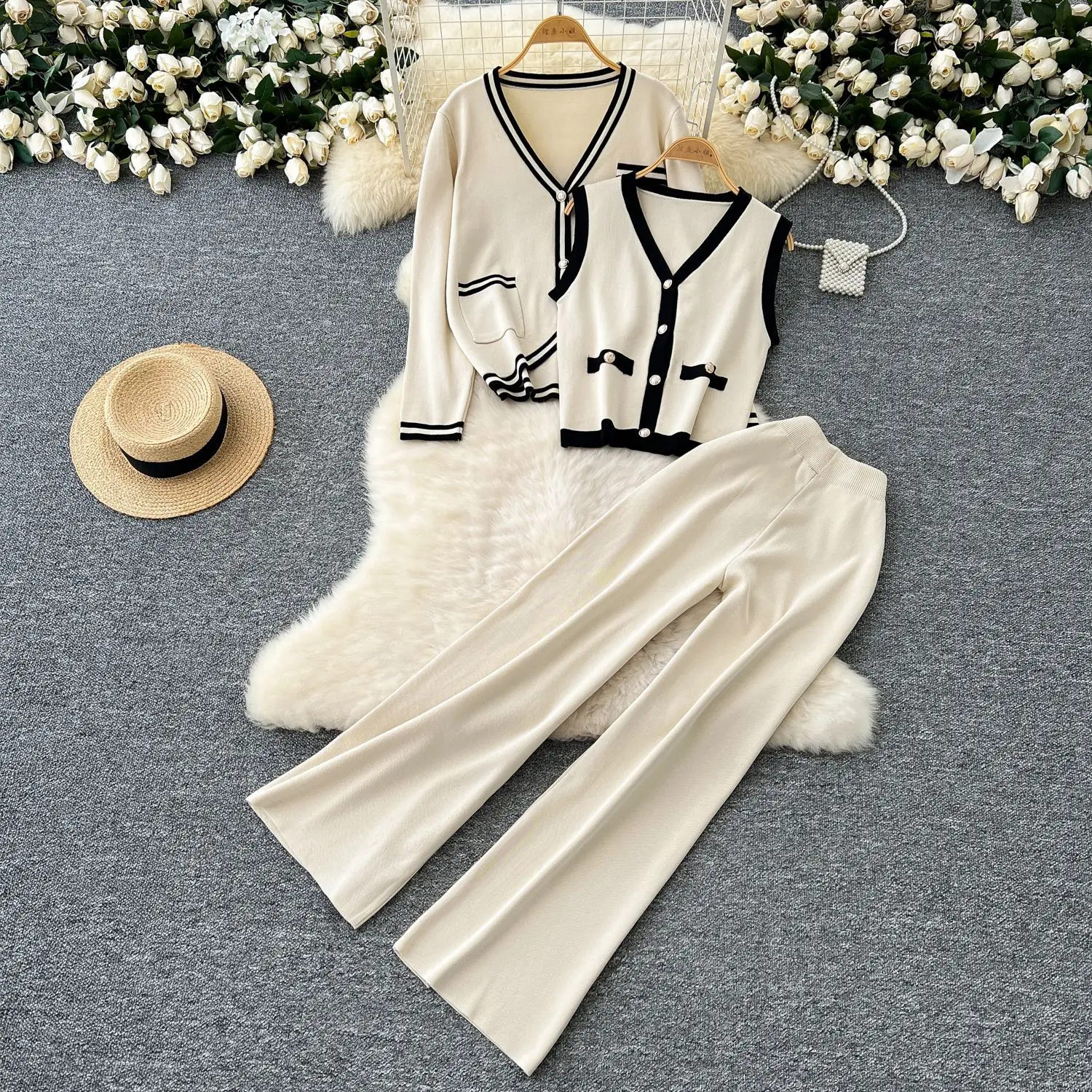 

Женский комплект брюк из трех предметов, пальто с v-образным вырезом и длинными рукавами, короткие жилеты, топ, широкие длинные брюки, вязаная эластичная талия, уличная одежда Y2k