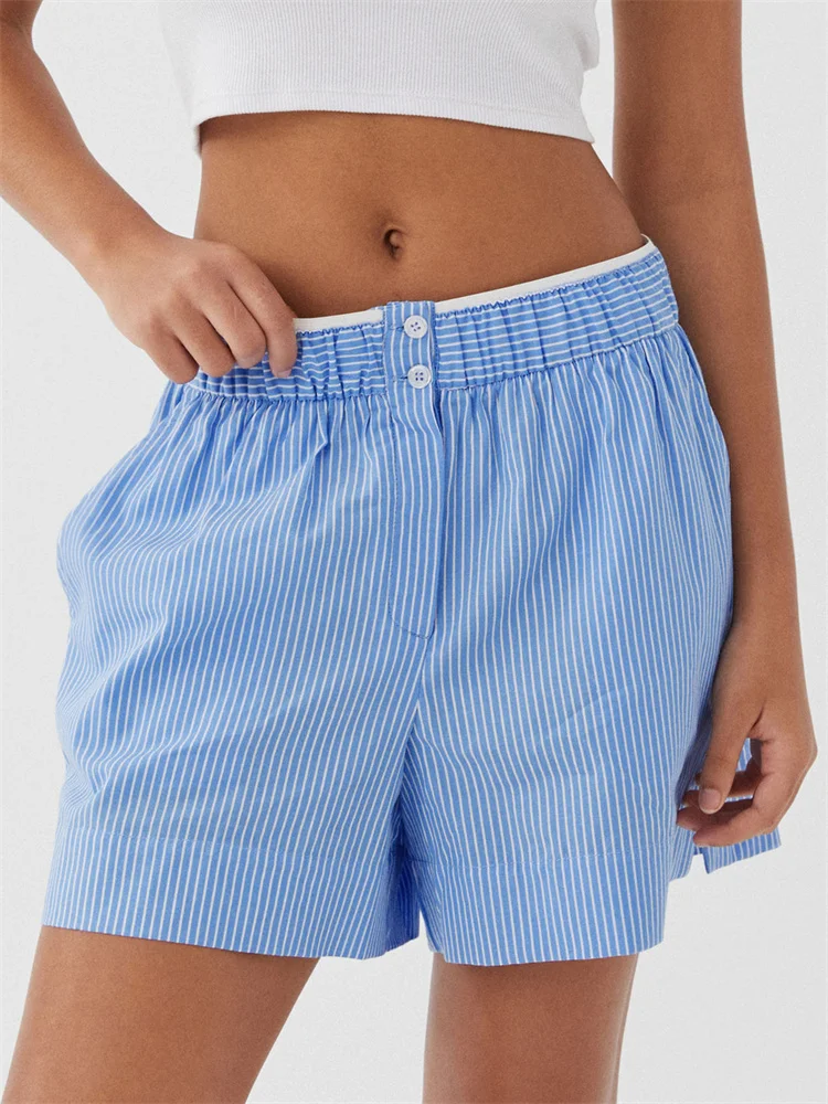 

CHRONSTYLE Women Loose Casual Shorts Striped Print Buttons Elastic High Waist Short Pants Summer Casual Bottoms Streetwear 2024