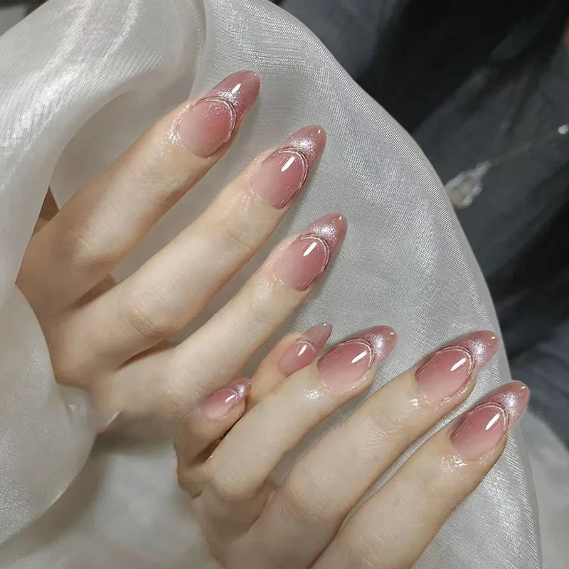 

Wearable Sparkling 3D French Fake Nails Almond Blush Cat's Eye False Nails Press On Acyrlic Nails Long Pink Gradient Nail Art