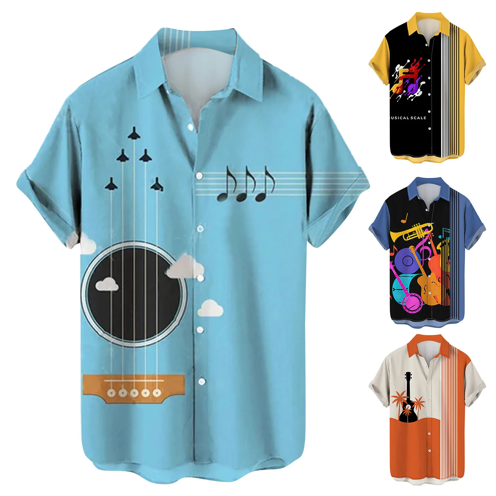 Mens Summer Fashion Leisure Personality Musical Instruments 3D Printed Lapels Street Wear Blouse Tops Camisas De Hombre Beach