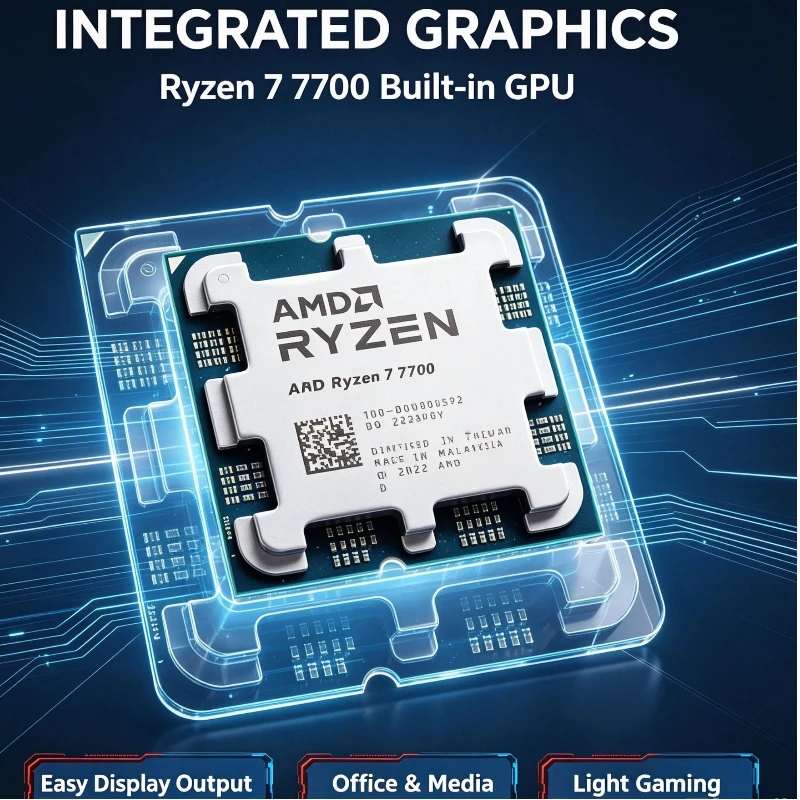 AMD Ryzen 7 7700 Desktop Processor 65W TDP 8‑Core 16‑Thread 5.3GHz 40MB Cache Socket AM5 With Integrated Graphics