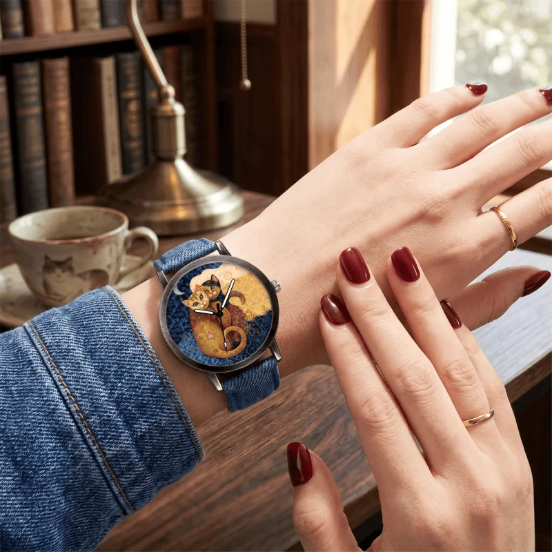 Reloj de pulsera artístico único con diseño de pareja de gatos, correa de mezclilla, reloj de cuarzo analógico informal para mujer, regalo creativo para amantes de los gatos, Reloj Mujer