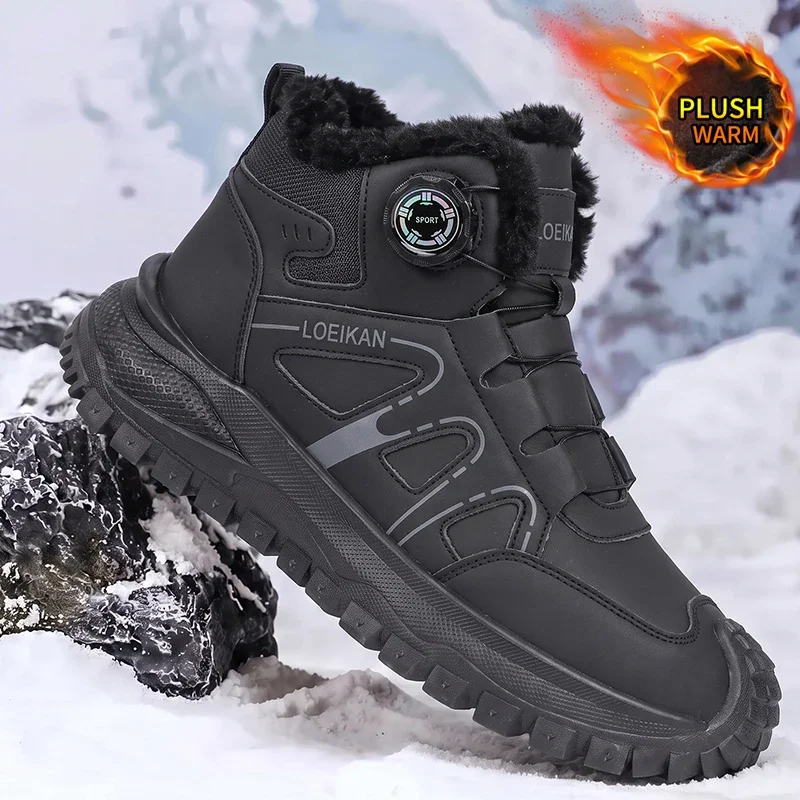 Men Plush Lined Snow Boots Rotary Buckle Design Thick Sole Non-slip Warm High Top Winter Footwear
