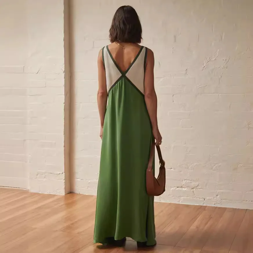 Summer Wish Women's Loose Sleeveless Vest Dress Color Block V-Neck Sexy Style Polyester Fiber Single Piece Chinese Production