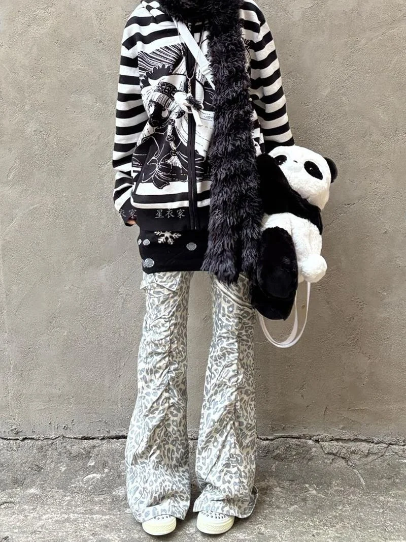 American Y2K Millennium Style Flared Pants Women's Autumn New Leopard Print Texture Splicing Straight Floor-Length Pants