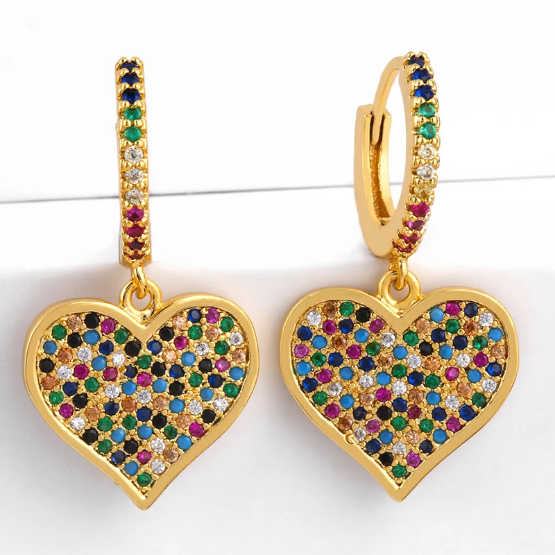 FLOLA Gold Plated Hoops Rainbow Cross Earrings for Women Copper Zircon Heart Earrings Crystal Jewelry pendientes arcoiris ersr30