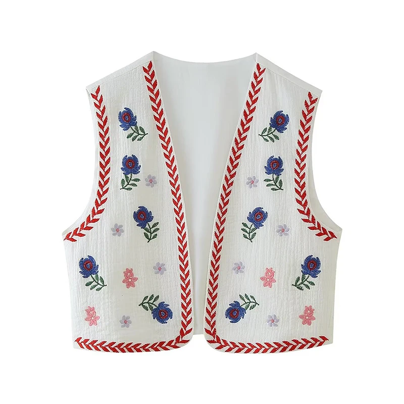 

YENKYE Summer Women Floral Embroidery Vest Sleeveless V Neck Cardigan Short Waistcoat Casual Chic Crop Top