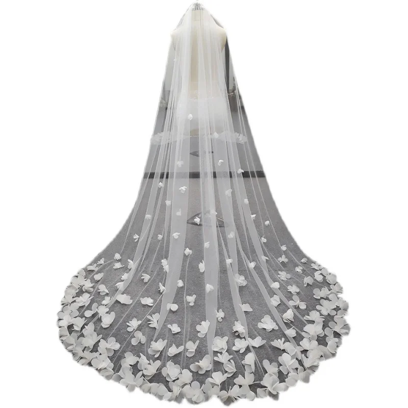 Voile de mariage long pour patients, fleurs 3D, dentelle florale, pétales luxueux blancs, mariée avec peigne, cathédrale