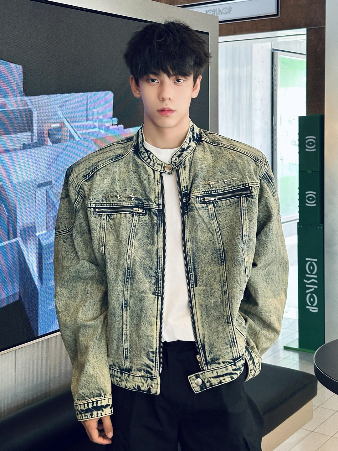 

Blue ort Fce Lined Denim Jaet for Men Autumn Winter Korean Sle Hair St Design Casual Youthful Faionable Jaet