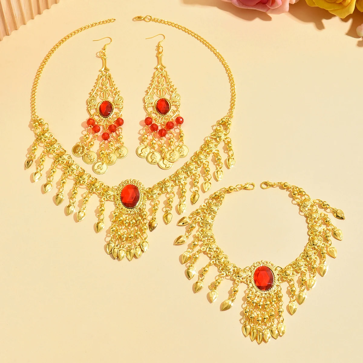 Arabian Popular Imitation Golden Circular Inlaid Pendant Portrait Pattern Necklace Head Chain Earring Combination Jewelry Set image 2