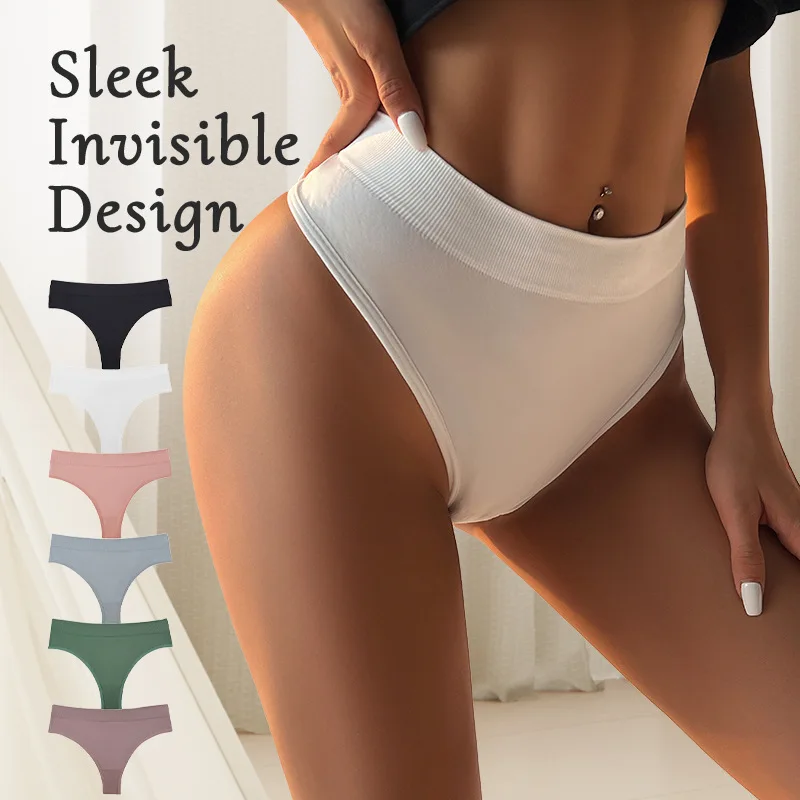 

6PCS Sexy Thong Panties For Women Mid-waist Solid Color Bikini Underpants Large-sized Seamless Breathable Thong