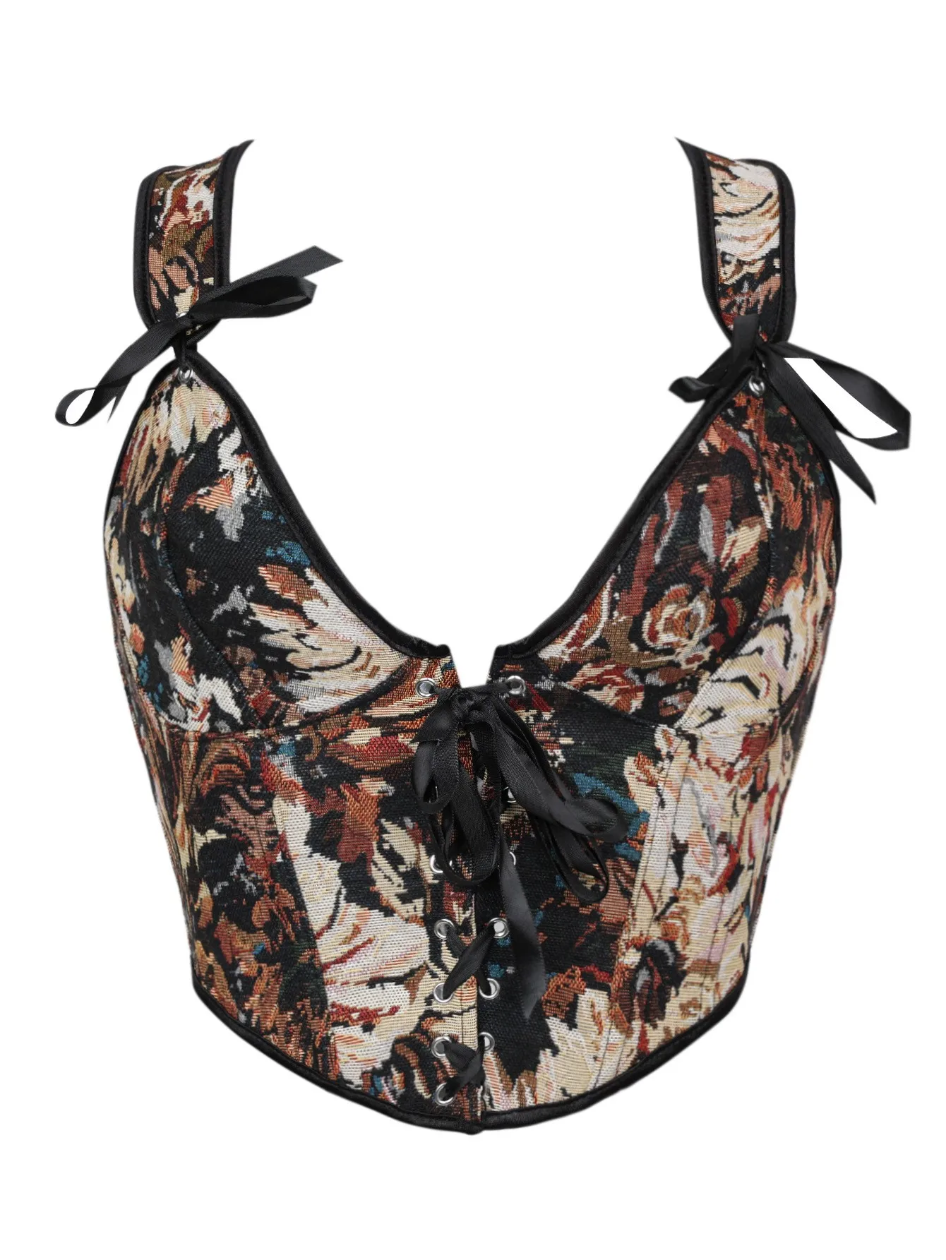 Damen-Korsett mit Blumenmuster im Ölgemälde-Stil, breite Schultergurte mit Schleife, Schnürung vorne, Vintage-Bustier-Top