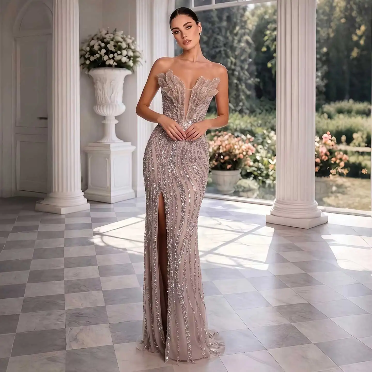 caramel formal dress Sharon Said Luxury Strapless Evening Heavy Beaded with Side High Slit Party Gowns for Women SS133 Custom Mermaid gown