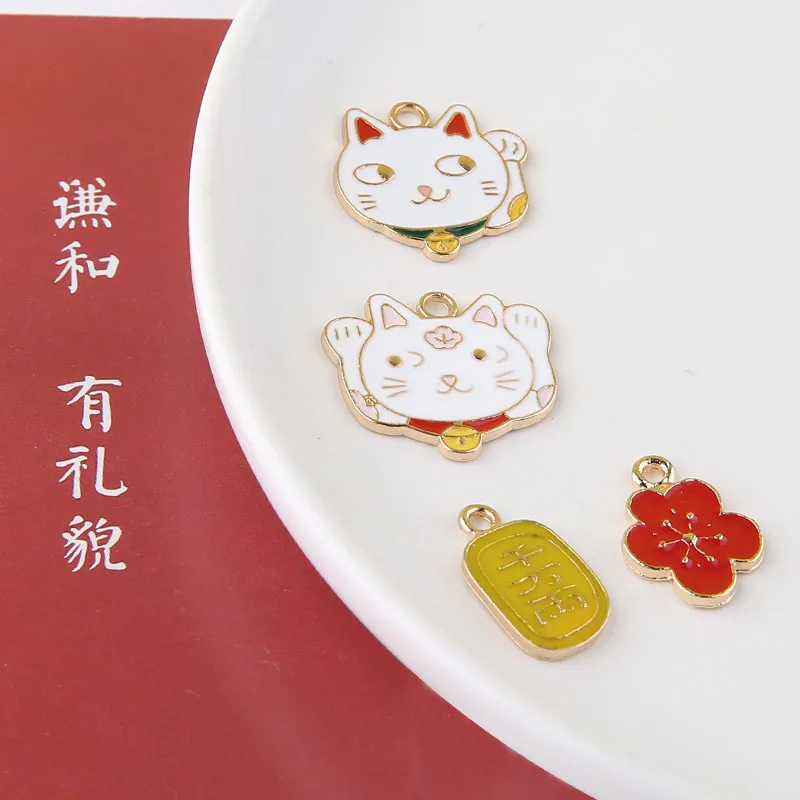 10pcs Diy Jewelry Accessories Alloy Cute Cute Japanese And Lucky Cat Coin Cherry Blossom Pendant Charms For Jewelry Making