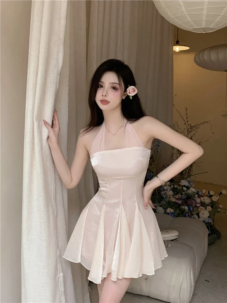 Ezgaga seksowne sukienki damskie bez rฤkawรณw Halter bandaลผ Backless w stylu francuskim lato nowy jednolity, patchworkowy damski elegancki strรณj