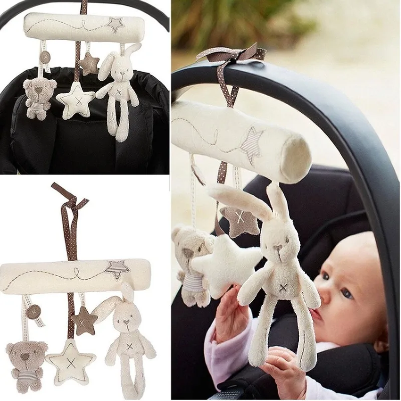 Baby Hanging Rattle Toys Soft Infant Music Plush Activity Crib Stroller Toys Rabbit Bunny Bed Mobile Bell Rattles for Girls Boys