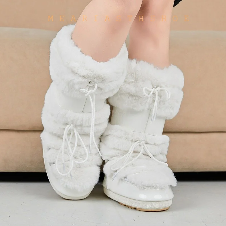 Ski boots new 2026 winter long warm thick bottom white faux fur boots waterproof and anti slip high tube snow boots for women view 3