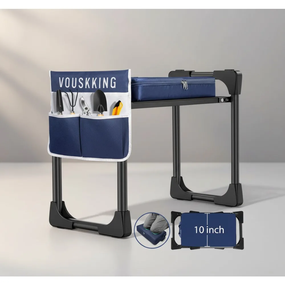 Asiento plegable para arrodillarse de jardín con almohadilla suave y gruesa, taburete resistente de 350 libras, bolsa de herramientas de jardinería para hombres y mujeres