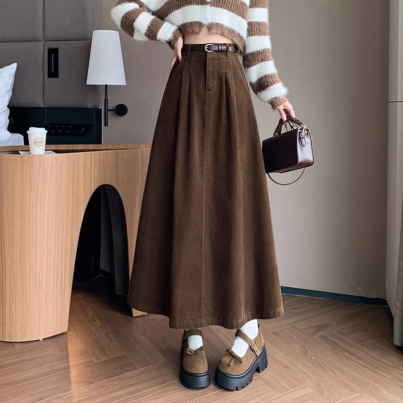 2024 New Autumn Winter Women High Waist Belt Slim A-Line Long Skirt High Quality Elegant Big Hem Solid Color Corduroy Skit