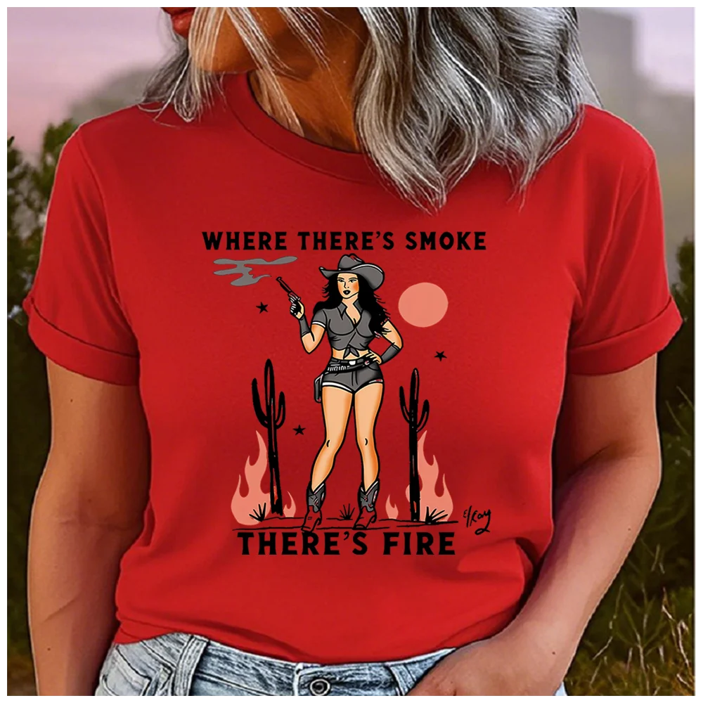 100% Cotton Women Where There's Smoke There's Fire T Shirt Western Cowgirl Cactus Print Casual Crew Neck Short Sleeve Retro Coun