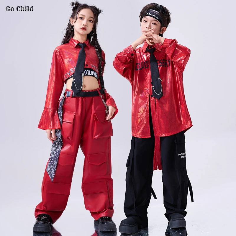 

Girl K-pop Crop Jacket Leather Cargo Pants Boys Hip Hop Shirt Street Dance Clothes Sets Kids Streetwear Child Jazz Shiny Costume
