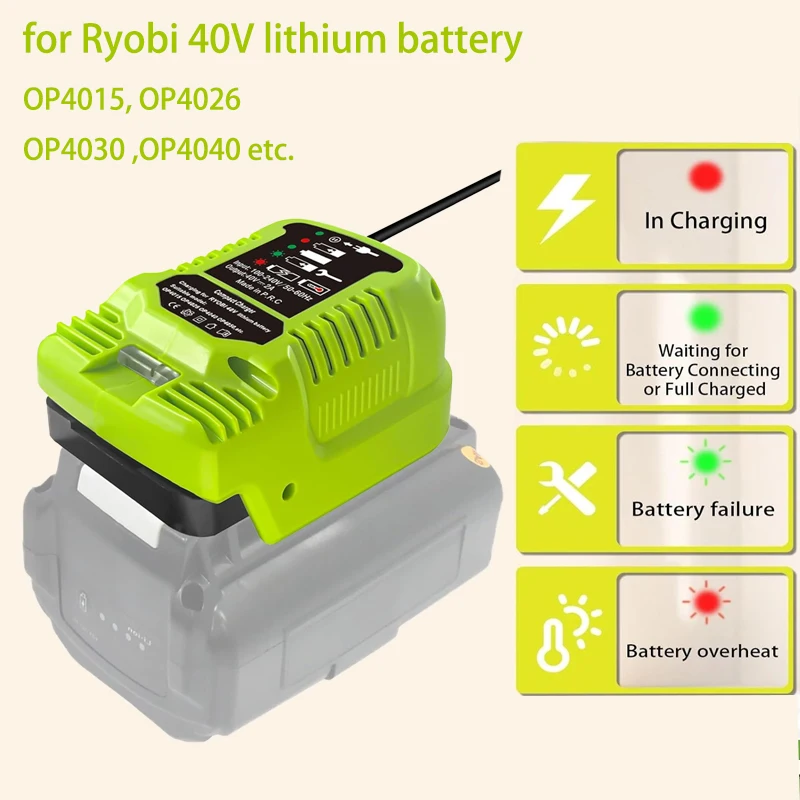 

Mini Charger for Ryobi 40V Battery Fast Charger Overcharge Protection with LED Indicator for OP4015 OP4026 OP4030 EU/US Plug