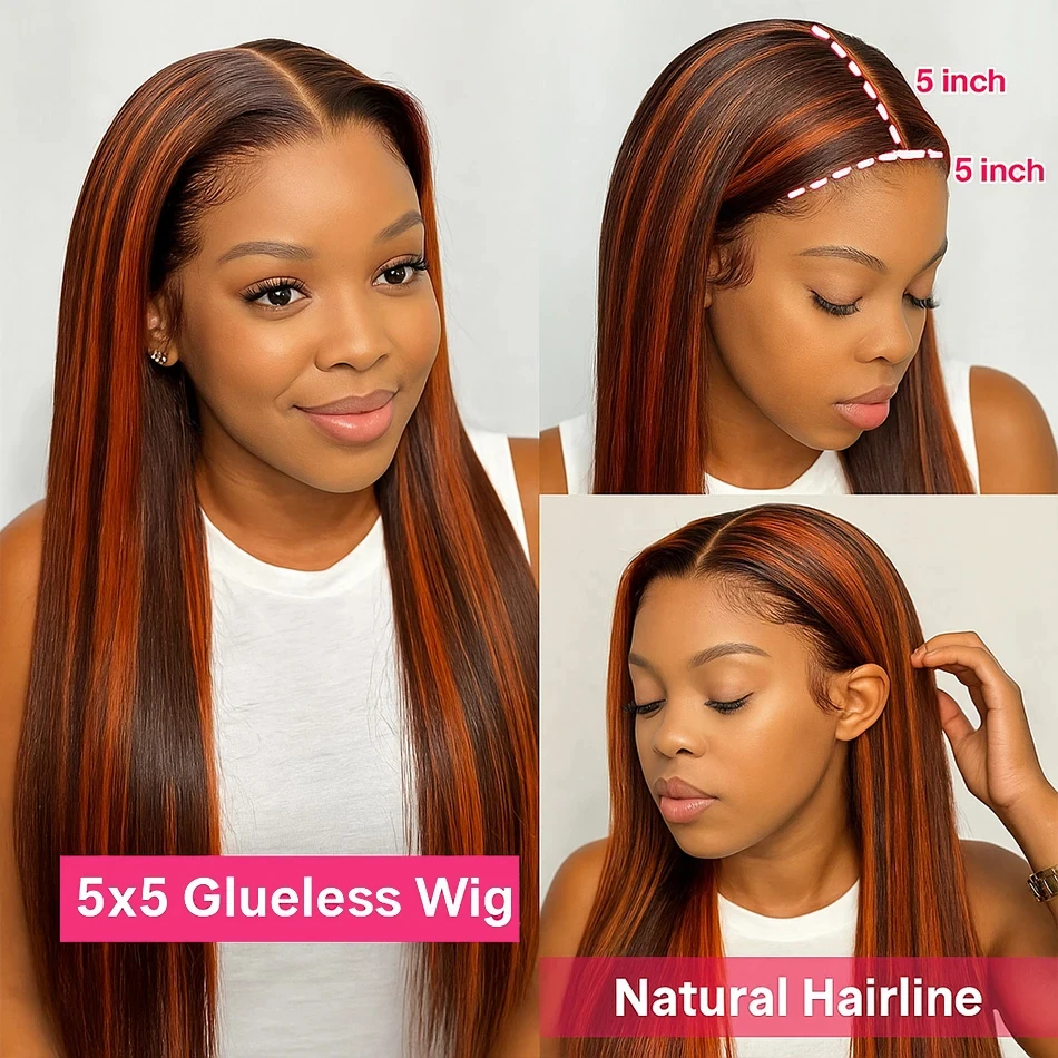 البني الزنجبيل تسليط الضوء على الباروكات شعر الإنسان العظام مستقيم 5x5 الدانتيل أمامي غلويليس قبل قطع أومبير الزنجبيل الملونة خصلات الشعر المستعار للنساء #4