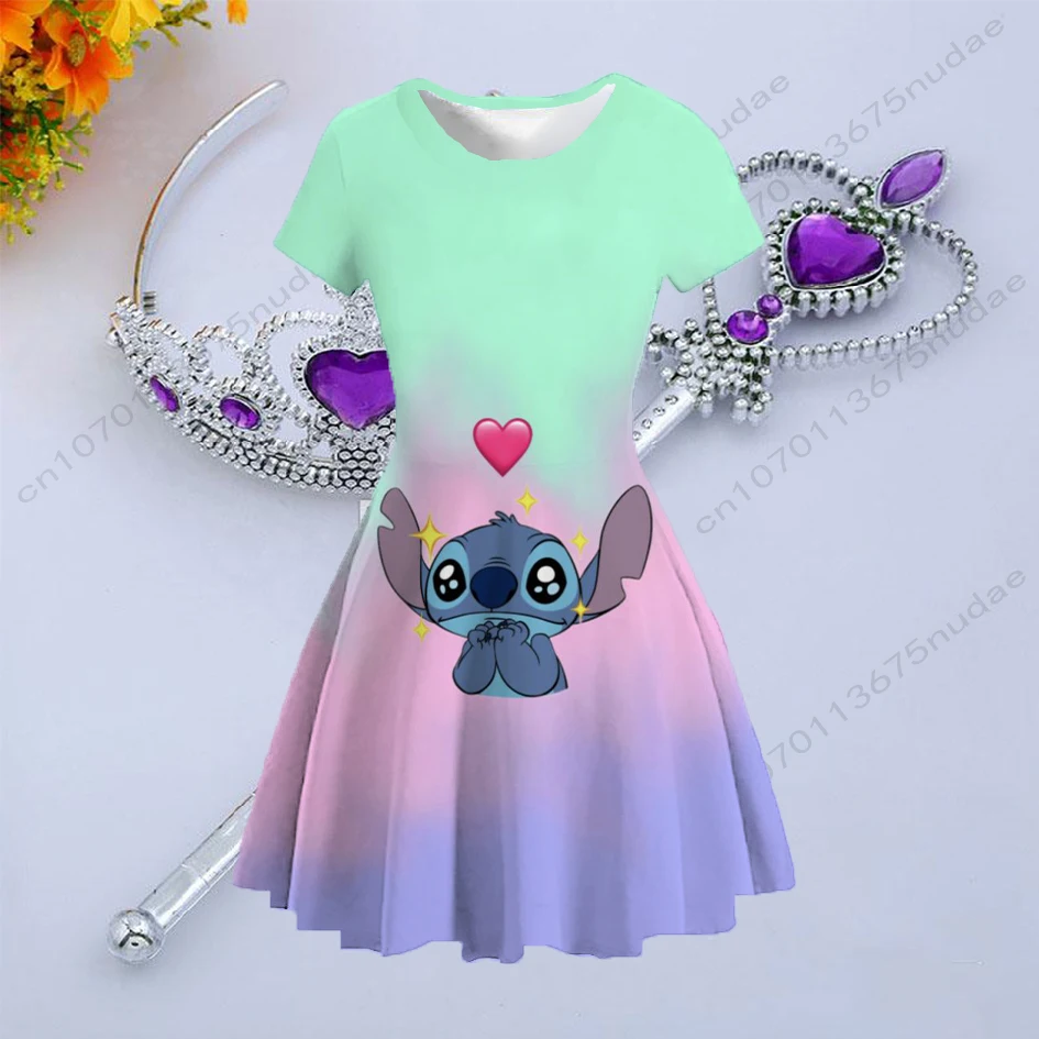 Stitch Disney series cute funny cartoon print slim waist short sleeve round neck slim slim girl dress children's clothing