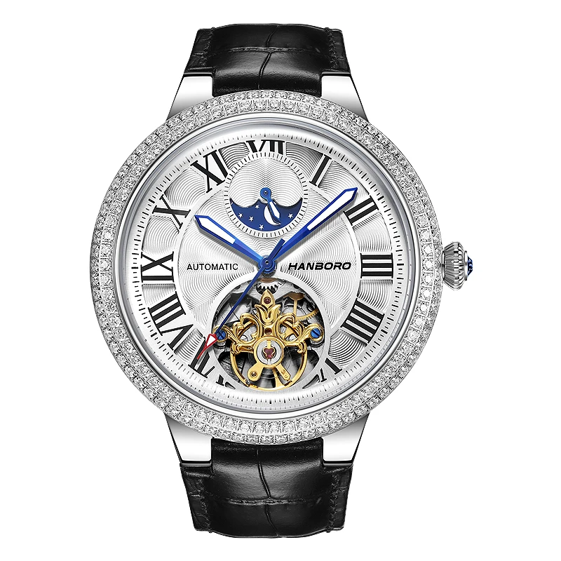 HANBORO Spaceballs Diamond Bezel Personalized Case Design Skeletonized Flower Balance Wheel Men's Automatic Mechanical Watch