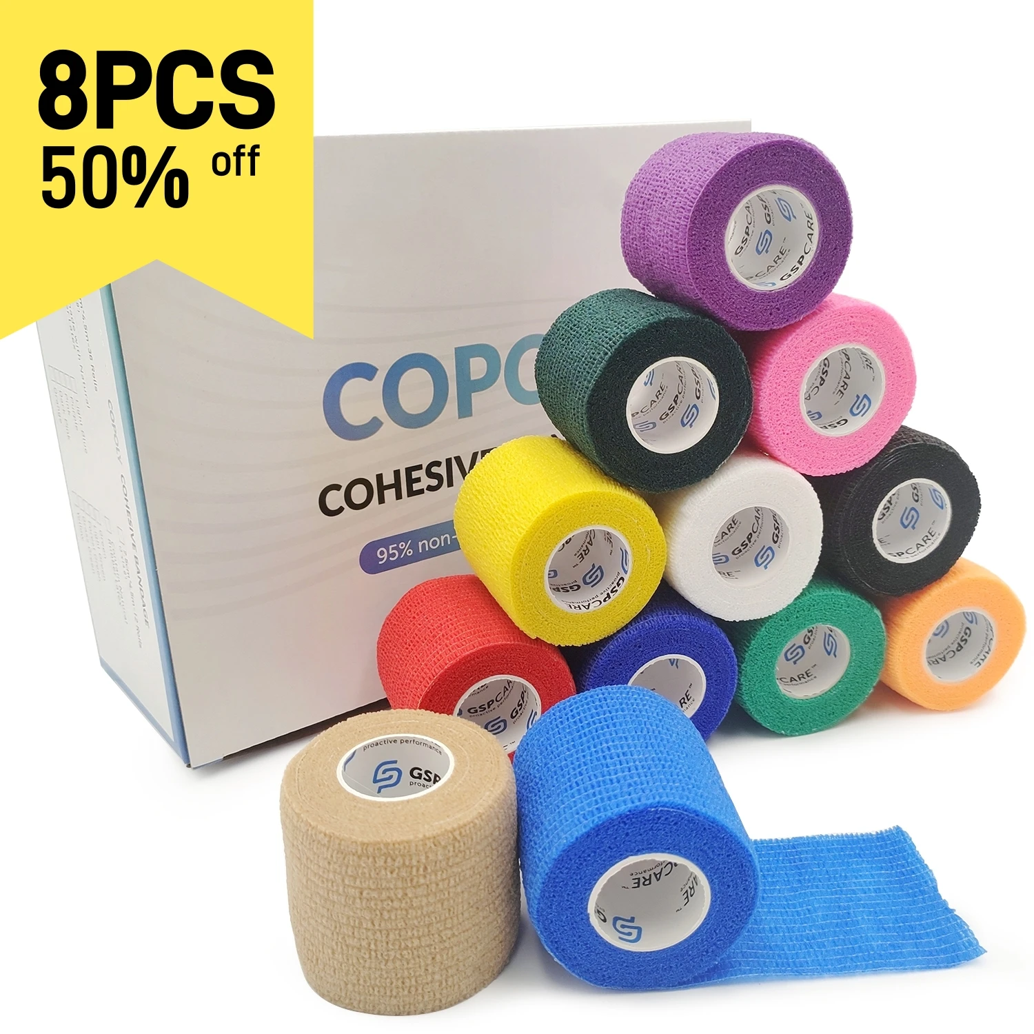 8pcs/Lot 5cm Self-adhesive Colors Bandage Cohesive Tape High Elastic Gym Sports Support Non-Woven for Knee Ankle Wrist Protect