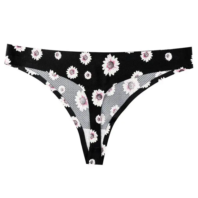 Women's Ice Silk T-back Thong Quick Drying Low Waist G-String Tanga with Cute Print Comfortable Elasticity T-pants