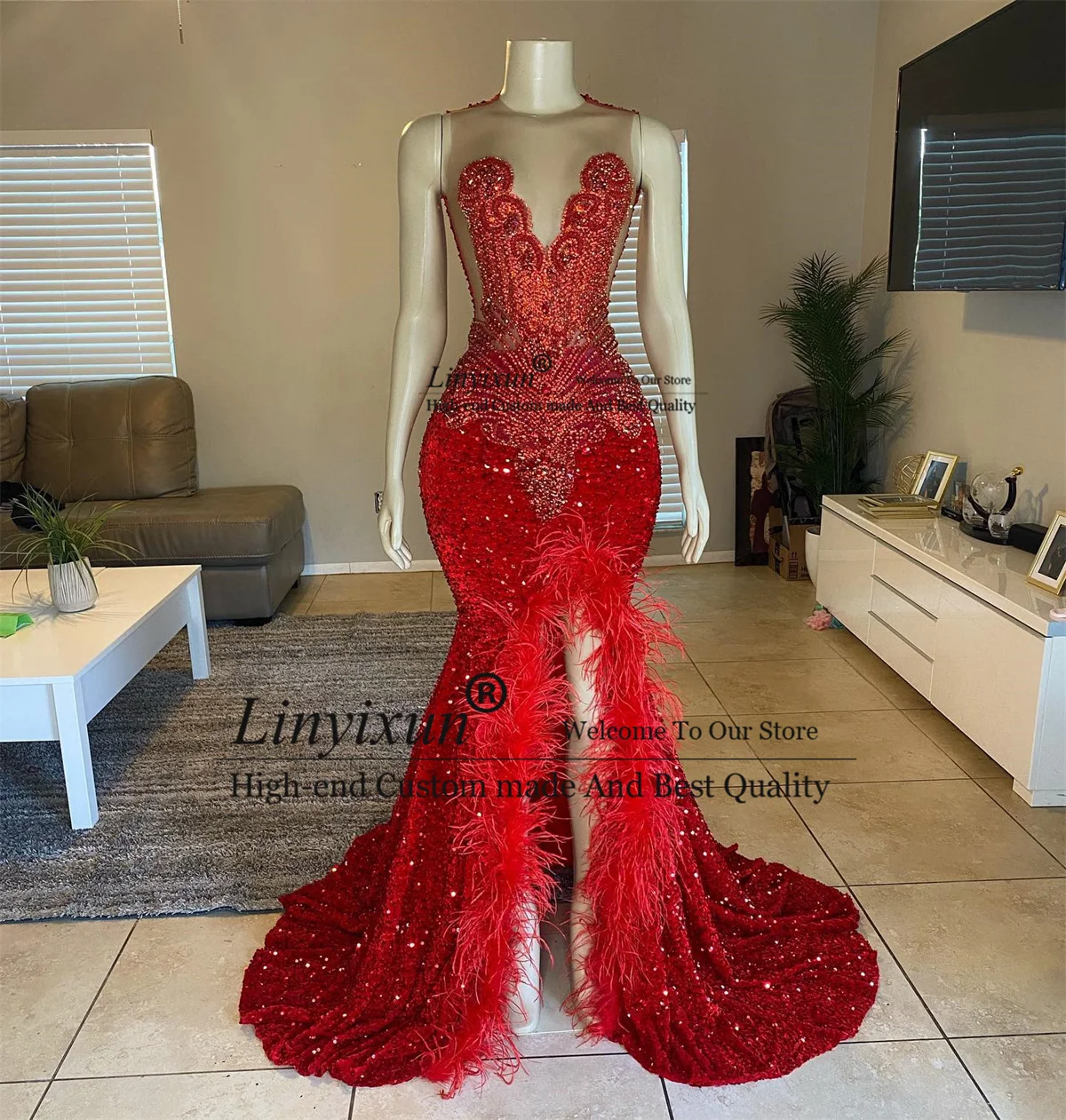 Sparkly Red Fearthers High Split Diamonds Mermaid Prom Dress For Black Girls Sequins Crystal Beading Evening Party Gala Gowns
