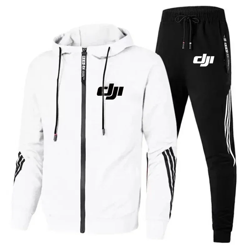 Dji Hoodie + Celana pria, pakaian olahraga 2 potong risleting set Fitness musim gugur profesional