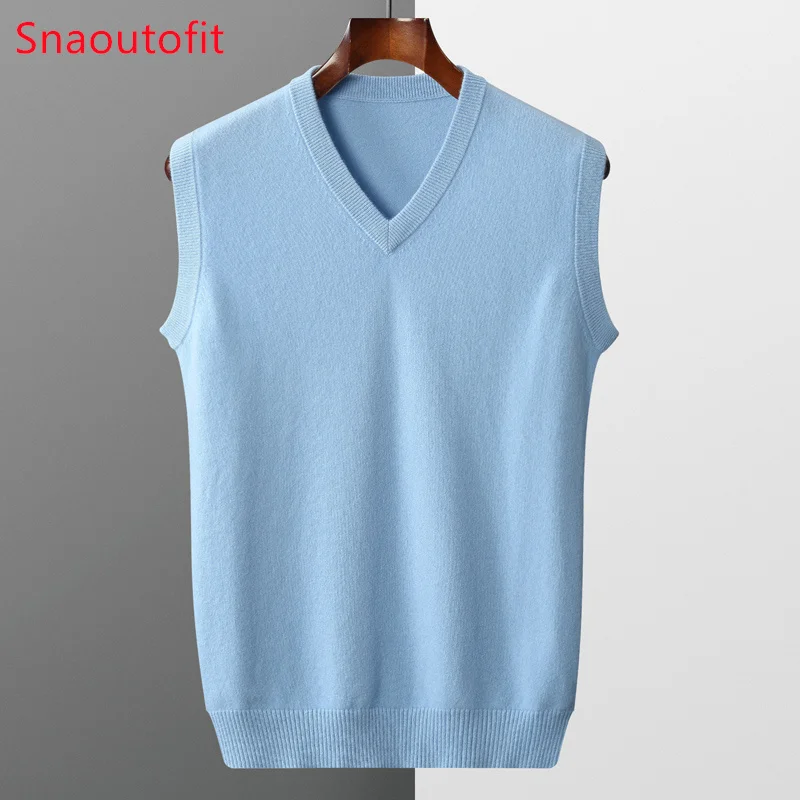 Men' Cashmere Vest Sleeveless Knit Sweater Spring Autumn V-Neck Vest Middle-Aged Warm Top Wool Waistcoat Loose Outer Pullover