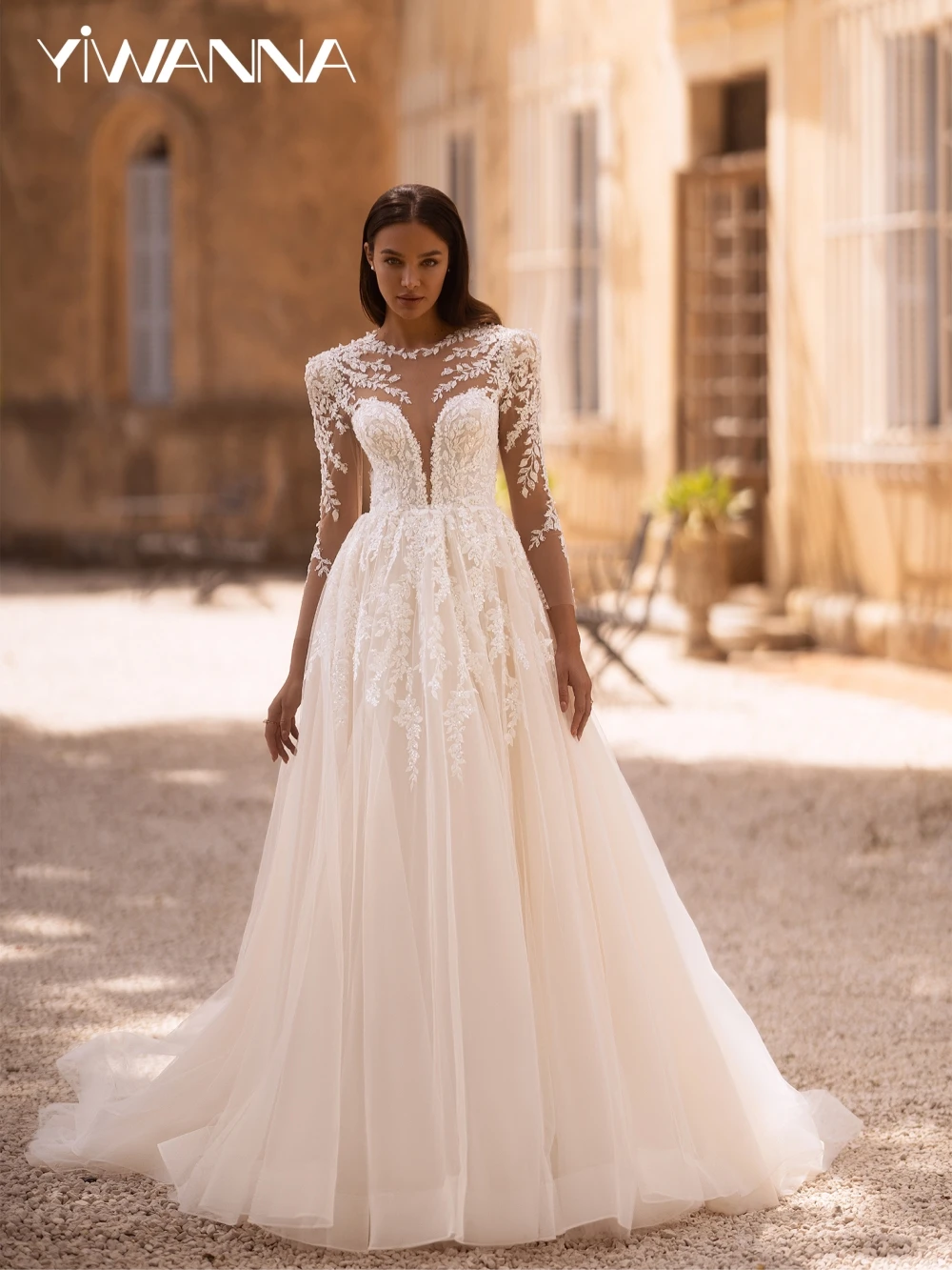 

Dreamy Beaded Lace Appliques Wedding Dress Modest O neck Long Sleeve Bridal Gown Customized Charming A-line Dresses For Bride
