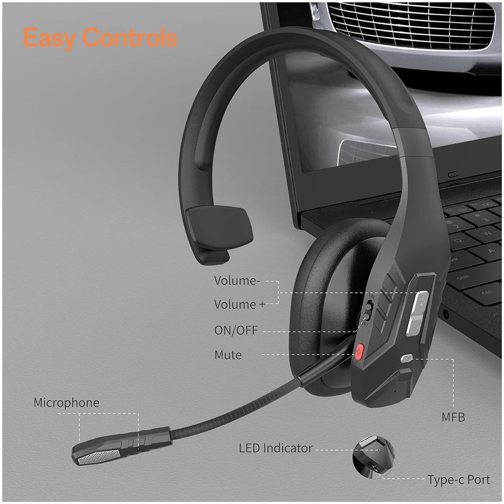 Trucker-Bluetooth-Headset mit dreifacher Mikrofon-Geräuschunterdrückung, Stummschalttaste, 65 Stunden Akkulaufzeit, kabelloses Headset für LKW-Fahrer, Büronutzung – Detail 7