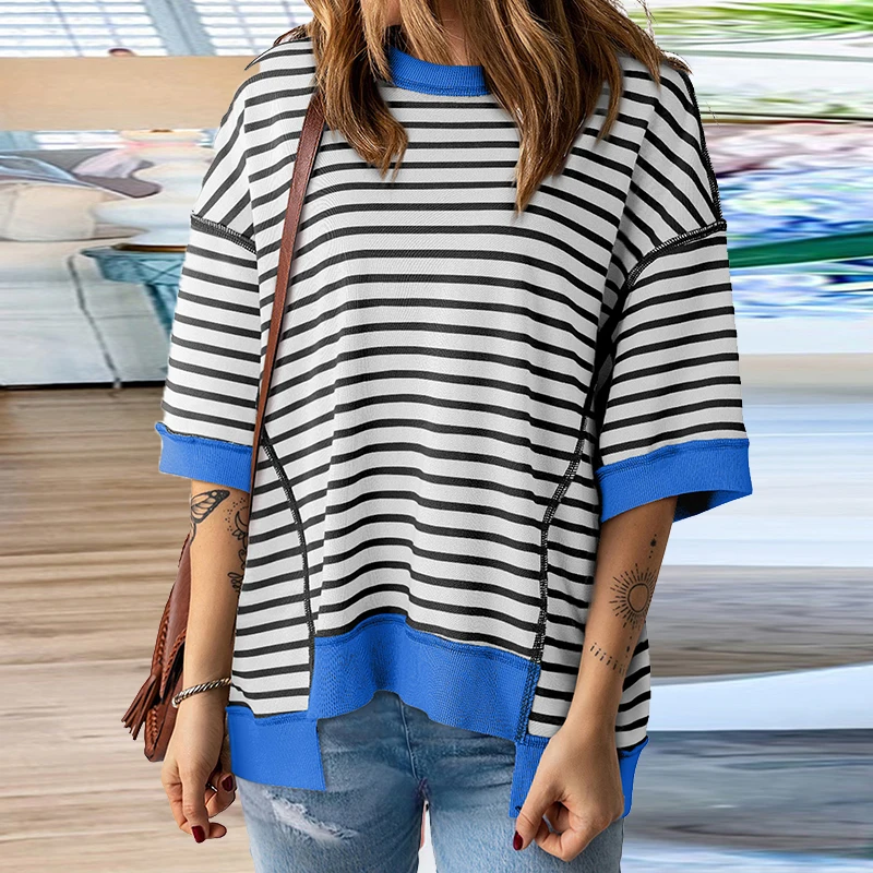 

Women Fashion Striped Print Patchwork Sweatshirt Spring Round Neck Loose Top Pullover Autumn Half Sleeve Streetwear Hoodie Shirt