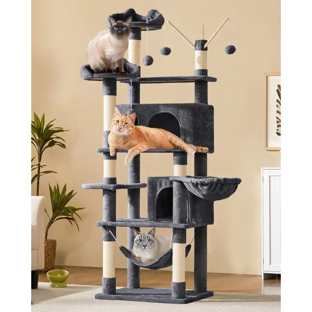 Cat Tree, 67in Large Tower w/ 3 Removable Teaser Sticks, 2 Kitten-Ear Shaped Perches, 2 Condos, Hammock, Scratching Post, Multi