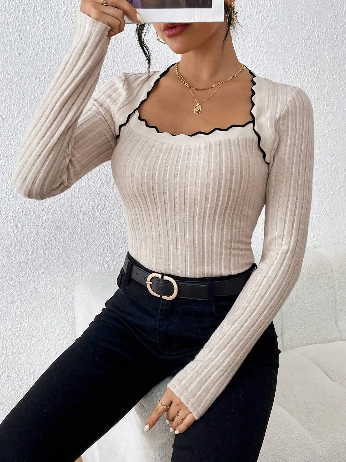

Women's Ribbed Bodysuit with Scalloped Trim and Long Sleeves