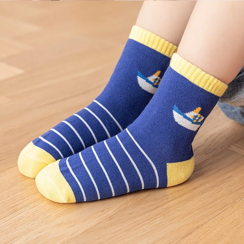 5 Pairs Of New Autumn And Winter Childrens Socks Striped Sailboat Boys Socks 4 to 8 Year Old Socks